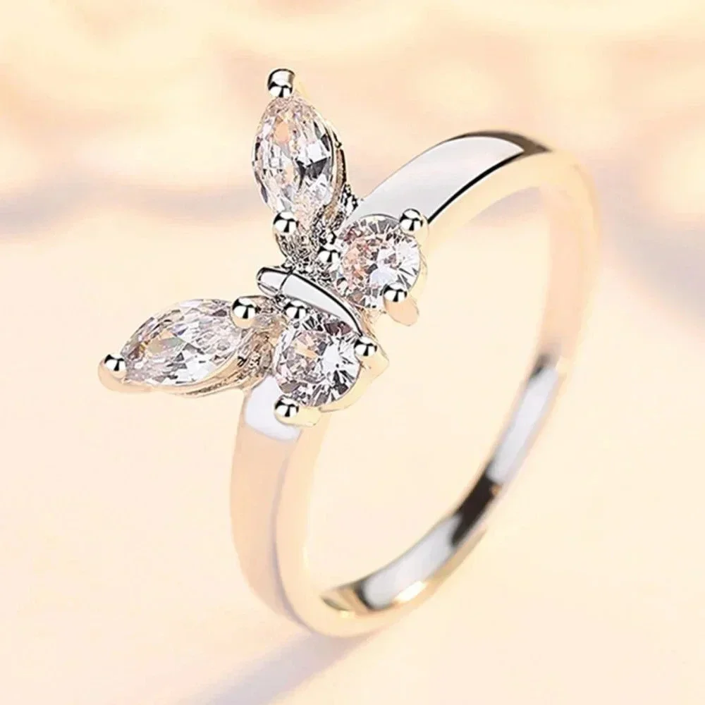 Sweet Refine Butterfly Crystal Simple Fashion Silver Rings for Women, MARR9173